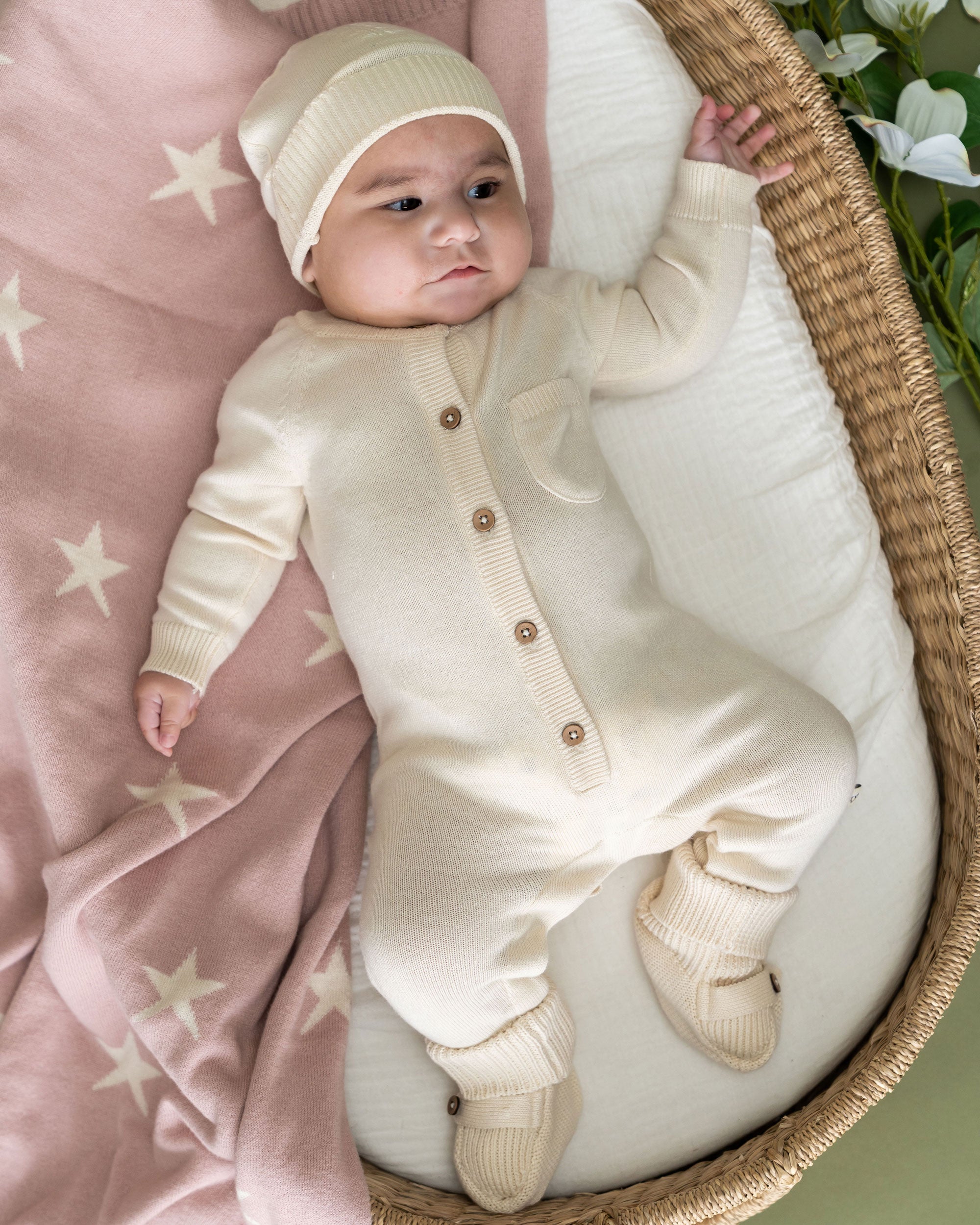 Milan Knit Organic Cotton Baby Pocket Jumpsuit Cream Set