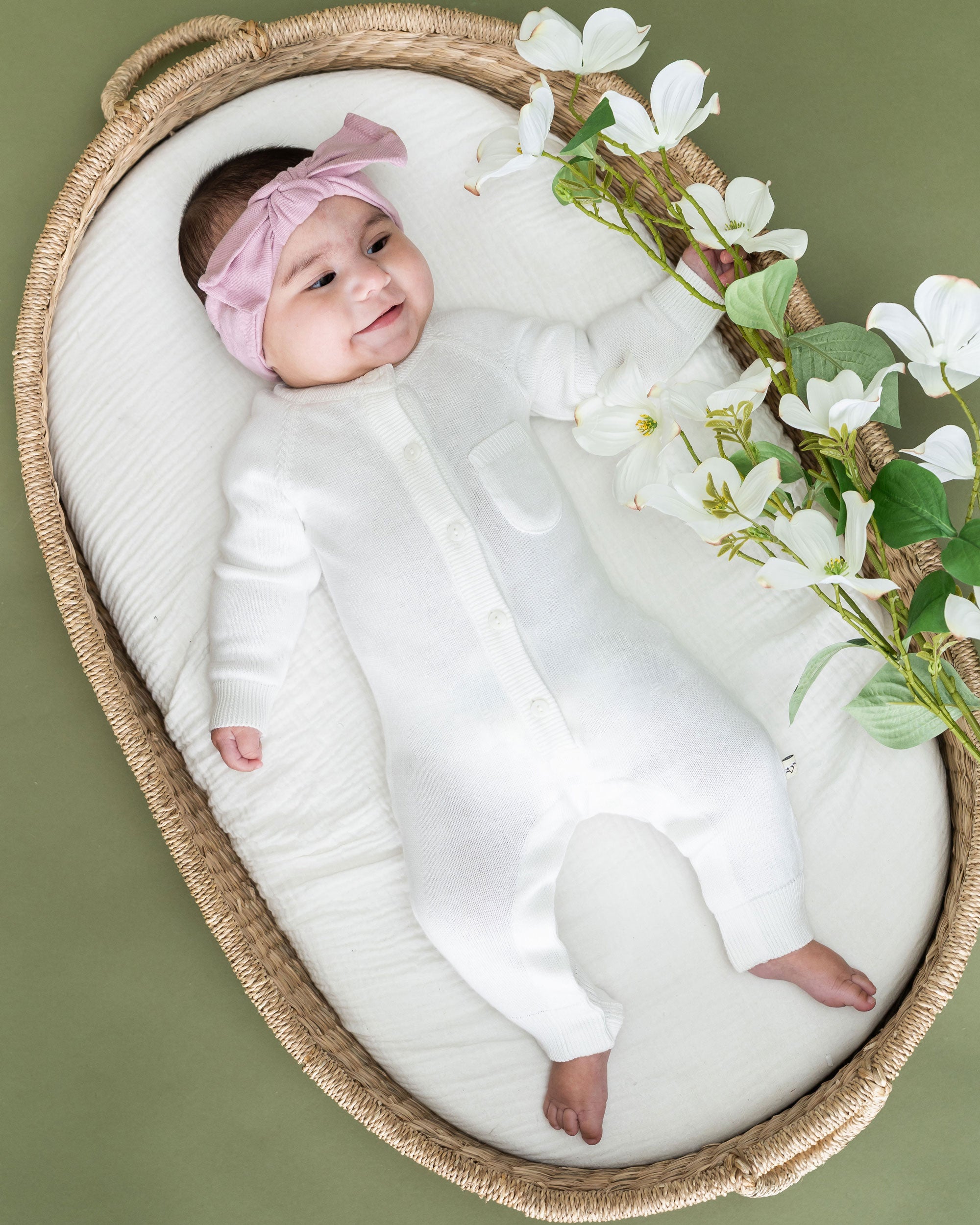 Milan Knit Organic Cotton Baby Pocket Jumpsuit Dove White Model