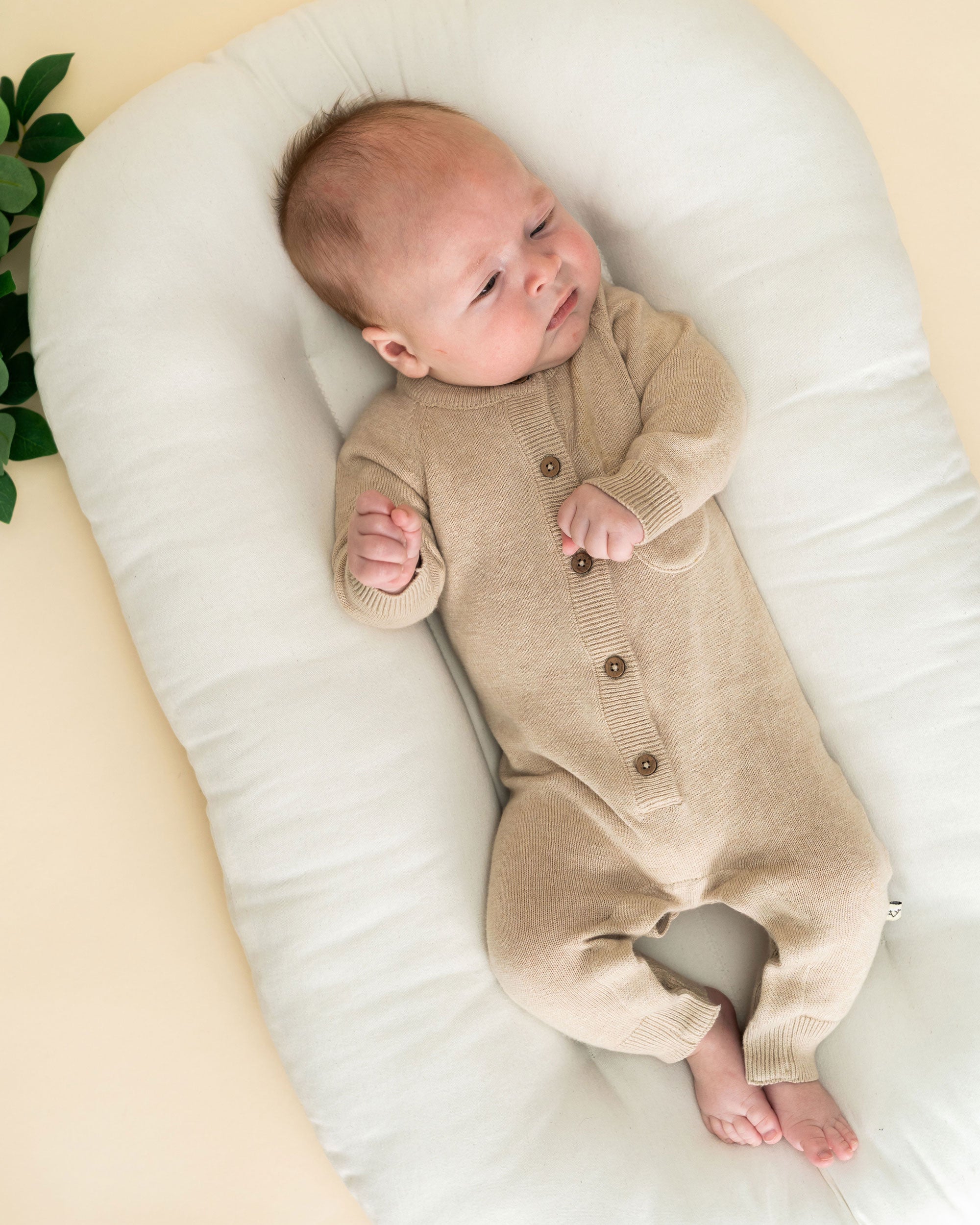 Milan Knit Organic Cotton Baby Pocket Jumpsuit Oat Heather Model
