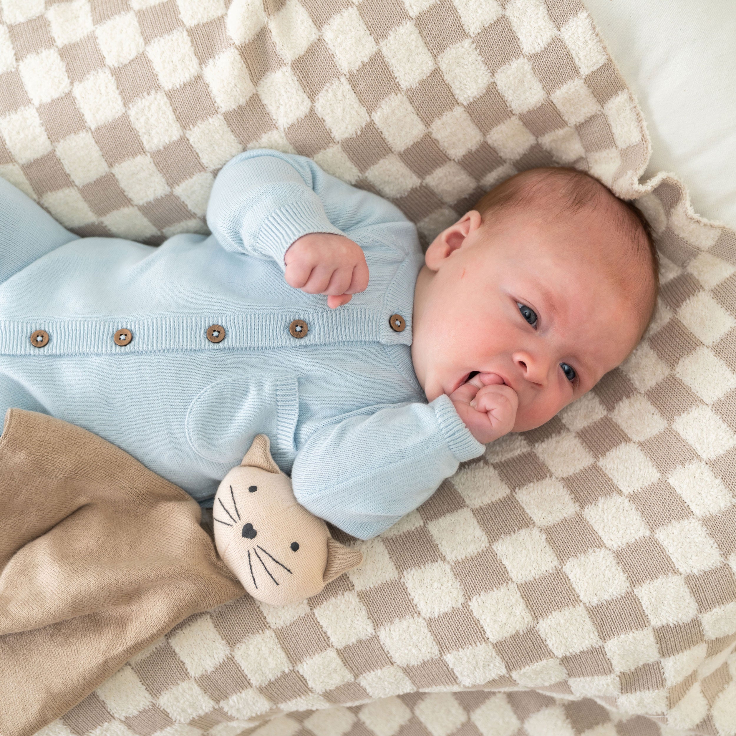 Milan Knit Organic Cotton Baby Pocket Jumpsuit Sky Blue Texture with Kitty Cat Lovey