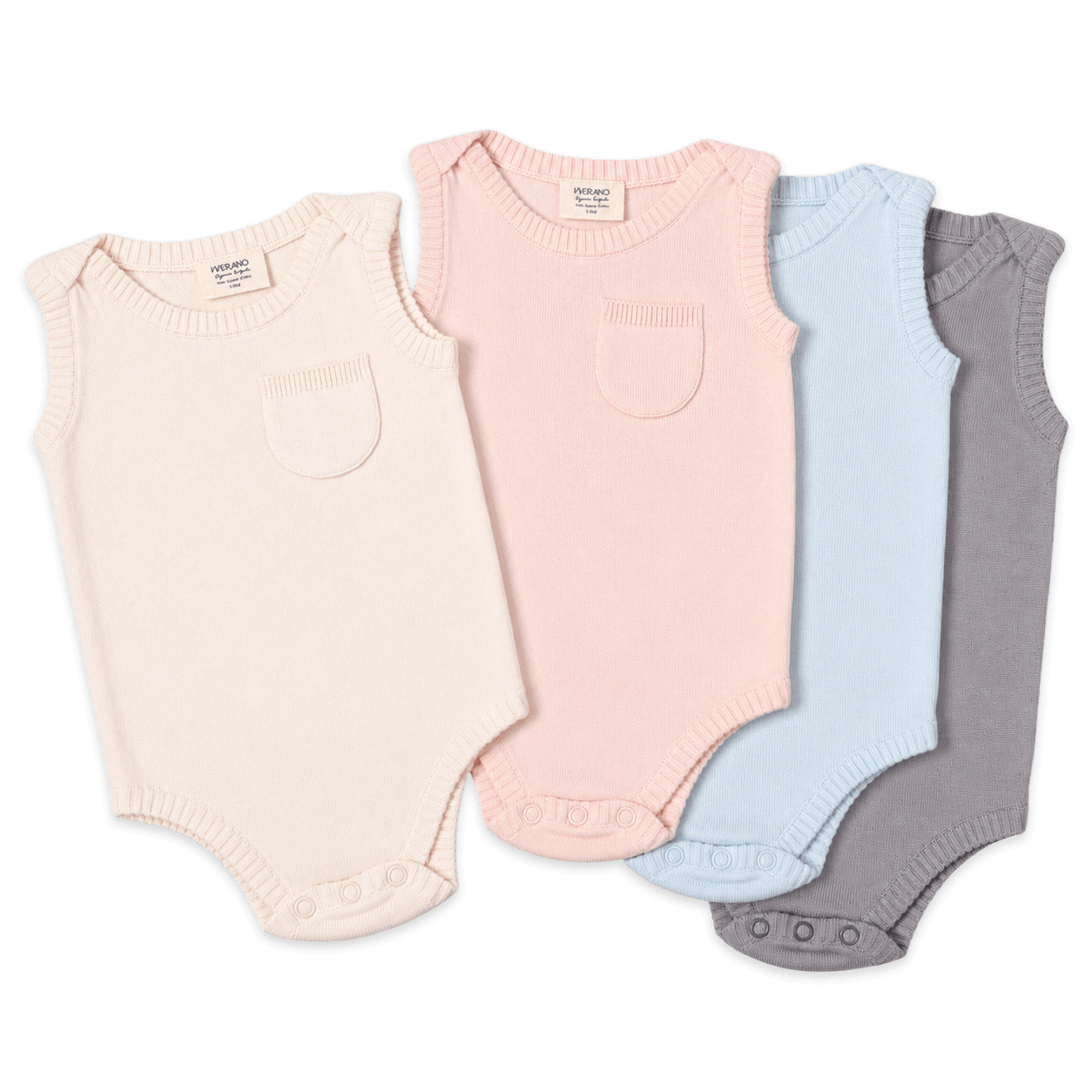 set of 4 colorways of milan knit classic sleeveless baby bodysuit made of organic cotton