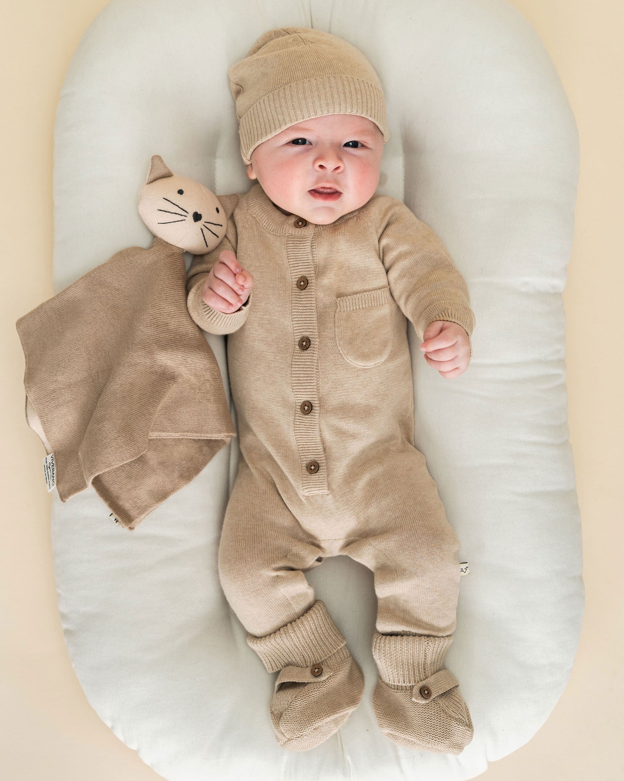 Milan Knit Classic Baby Round Beanie Hat (Organic Cotton) Oat Heather Model