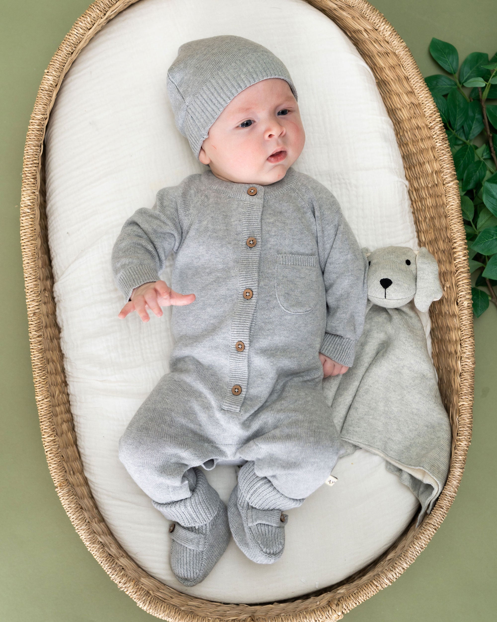 Heather Grey Milan Knit Cozy Baby Booties (Organic Cotton) Full Set Model