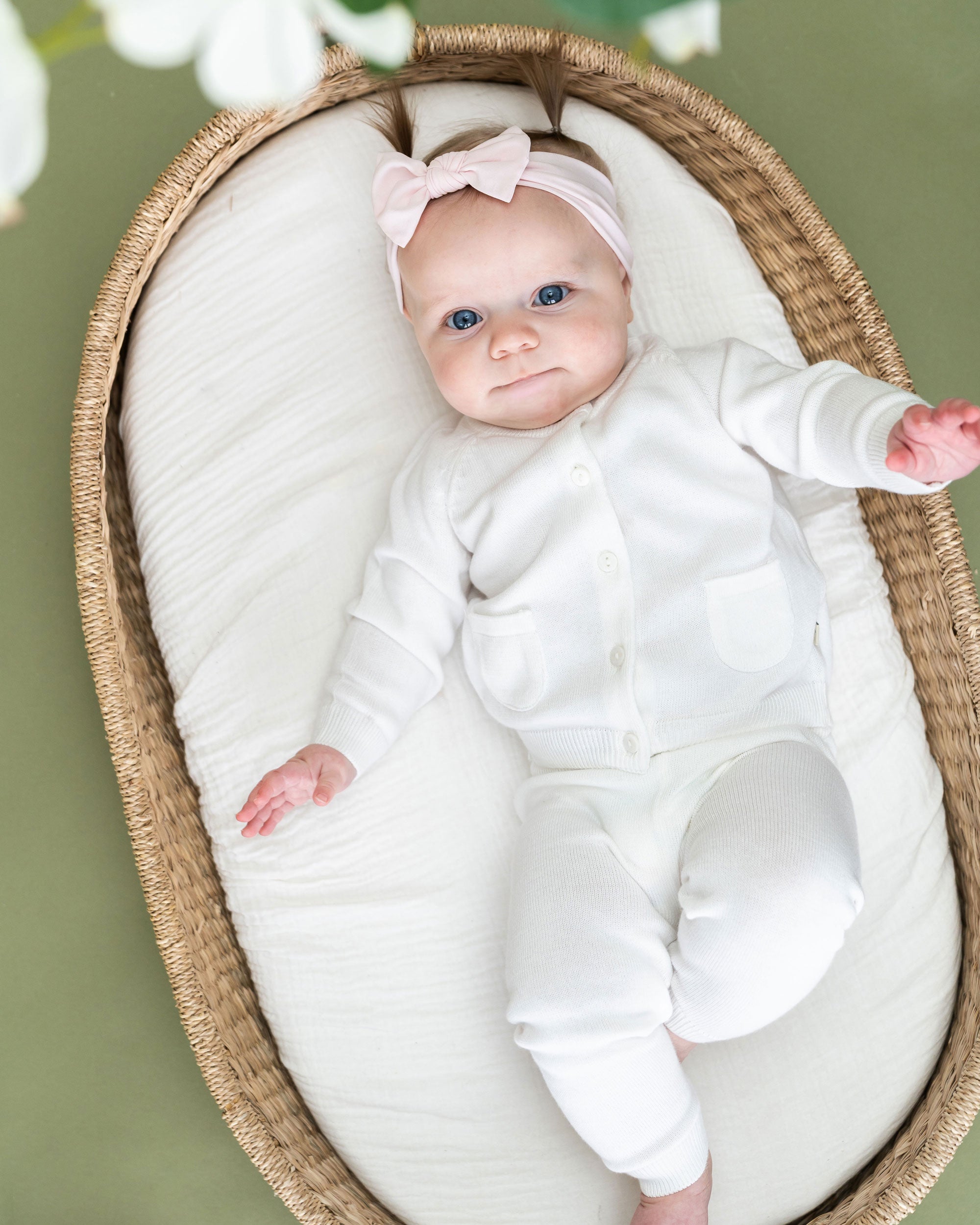 Dove White Milan Knit Baby Pocket Pants (Organic Cotton) Model Outfit Set