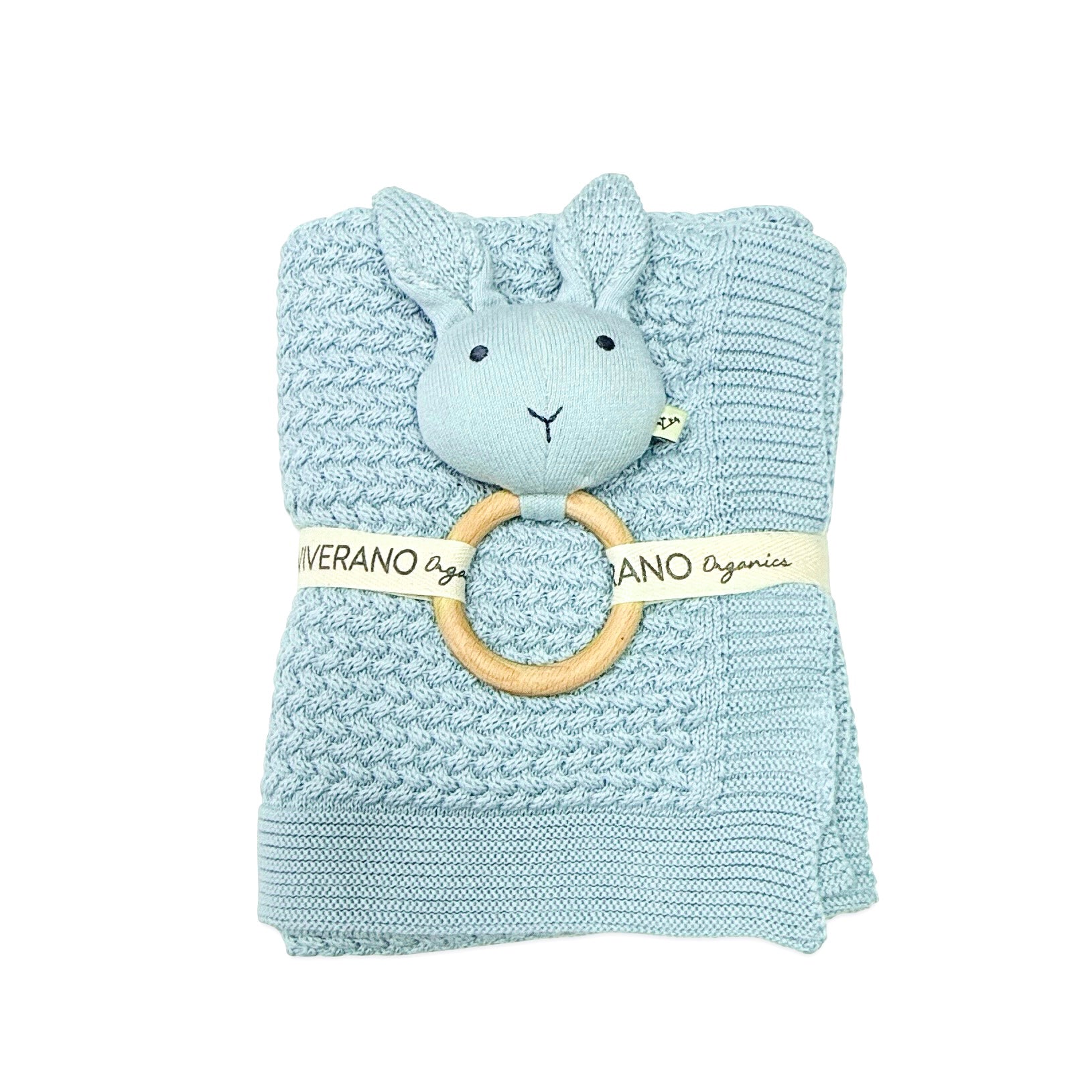 Classic Moss Knit Baby Blanket + Bunny Rattle Gift Set (Organic Cotton)