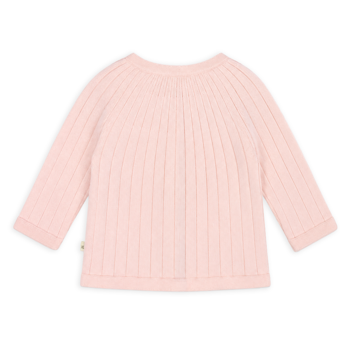 back of milan organic knit baby girl rib cardigan in color blush made with organic cotton