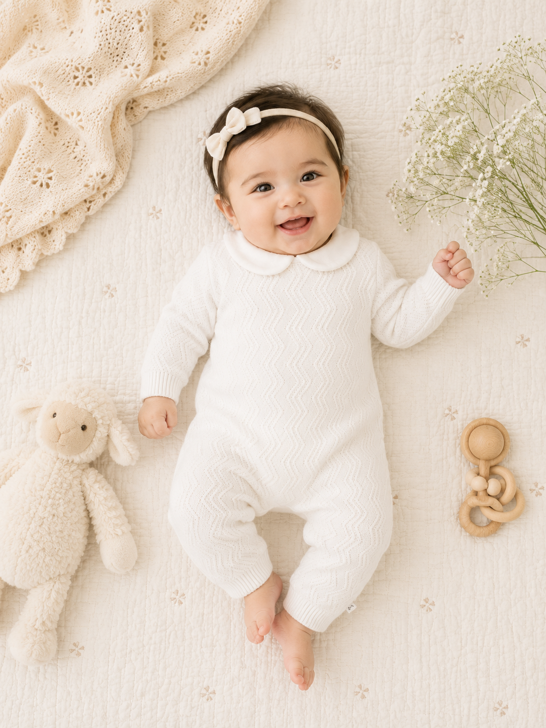Baby girl wearing Milan Dove White Peter Pan Fancy Chevron Knit Baby Jumpsuit, Organic Cotton
