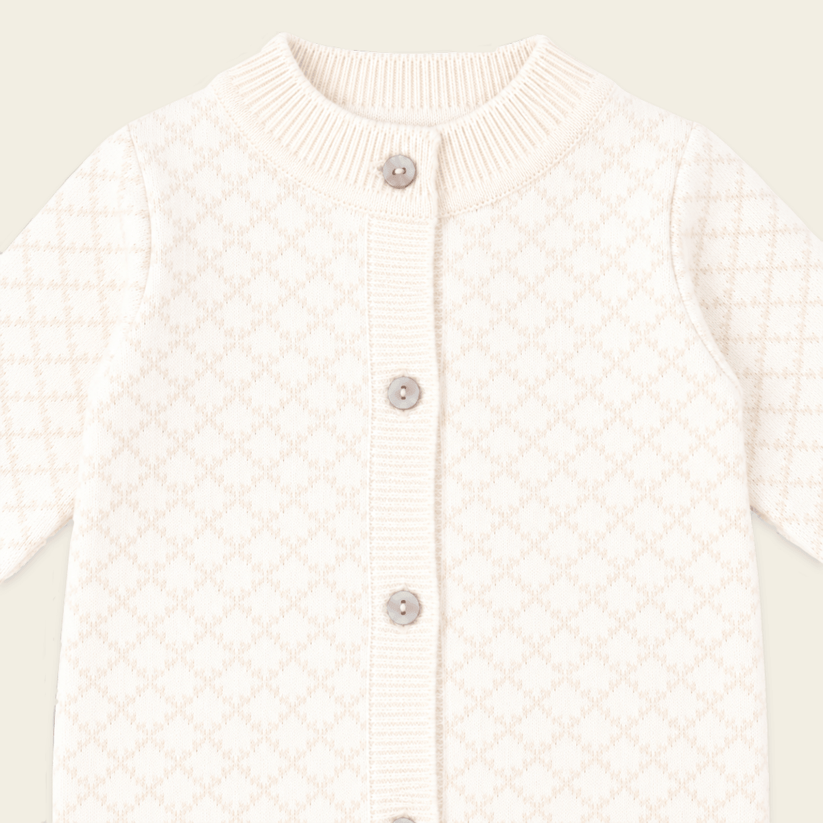 detail picture of Milan Dove White Lux Jacquard Knit Baby Jumpsuit andHat and Bootie 3pc SET Organic cotton