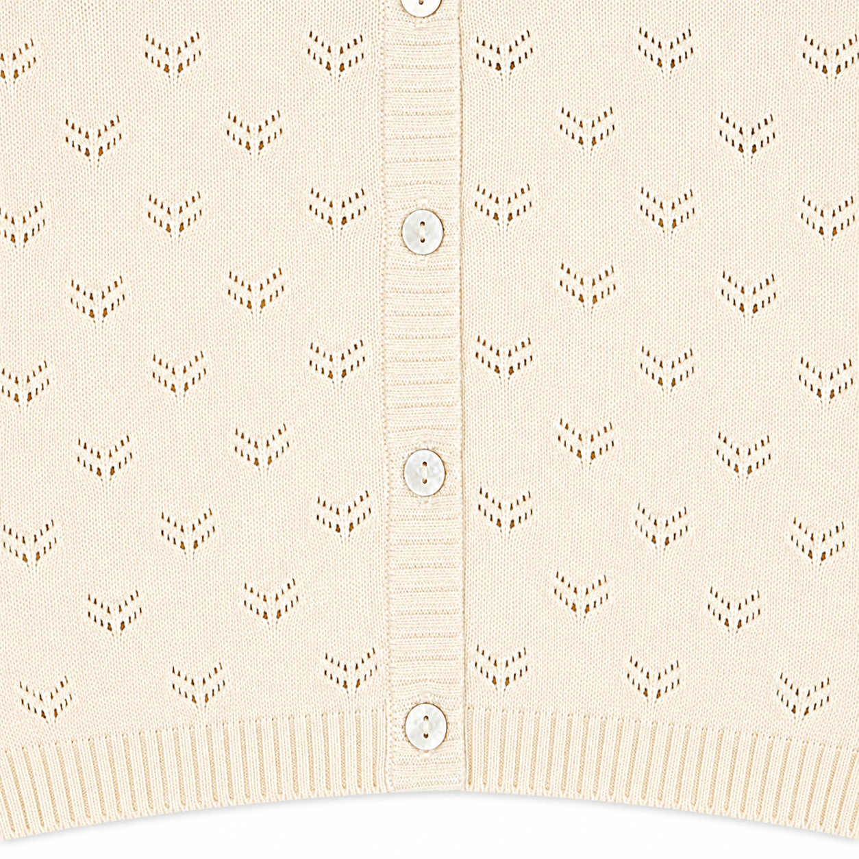 close up of Milan Pointelle Knit Ruffle Baby Cardigan Sweater (Organic)