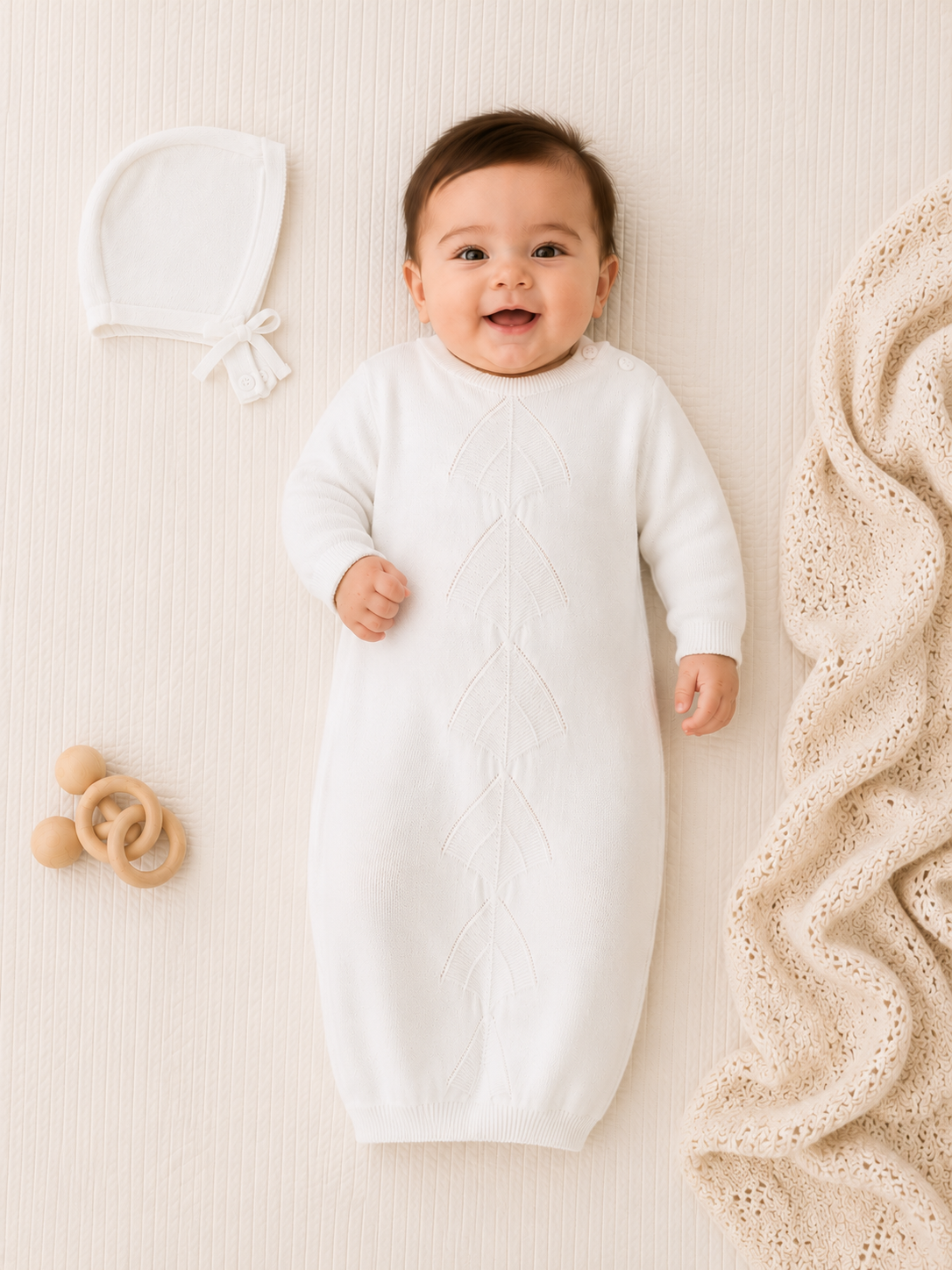 Baby in Milan Dove White Pointelle Knit Baby Sleep Gown and Hat Set, Organic Cotton by Viverano