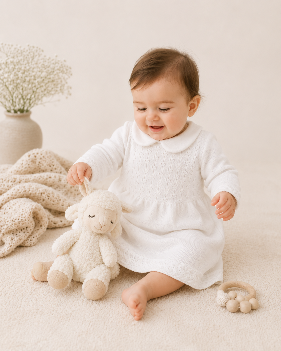 Baby playing in Milan Peter Pan Tulip Knit Baby Sweater Dress, Organic Cotton by Viverano