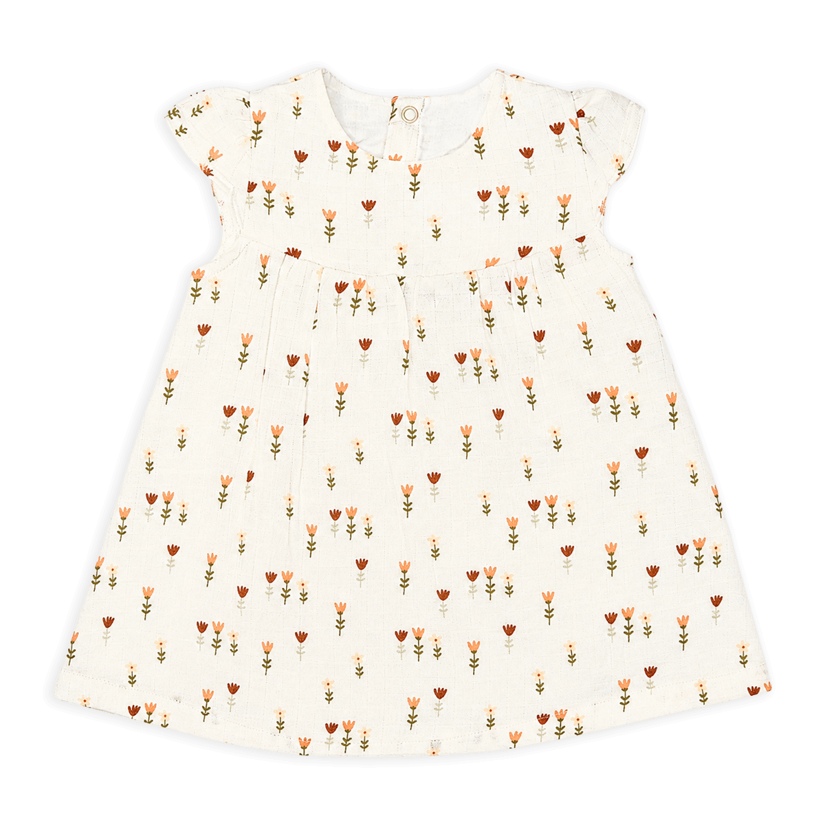 front of wildflowers cap sleeve dress + bloomer set. made of organic cotton muslin