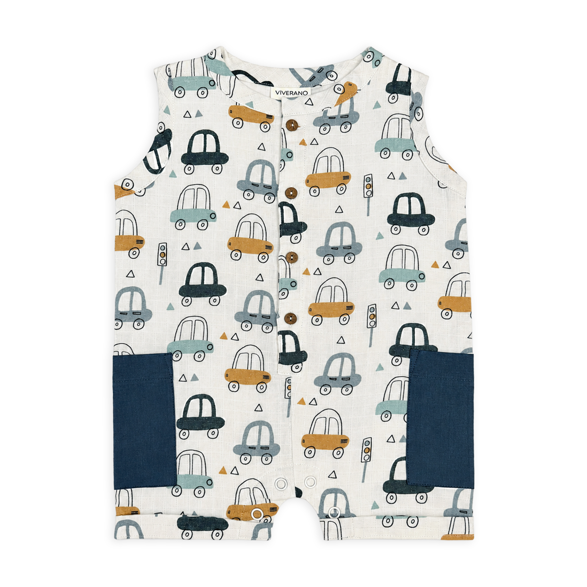 Cars Sleeveless Side Pocket Short Baby Romper (Organic Muslin)