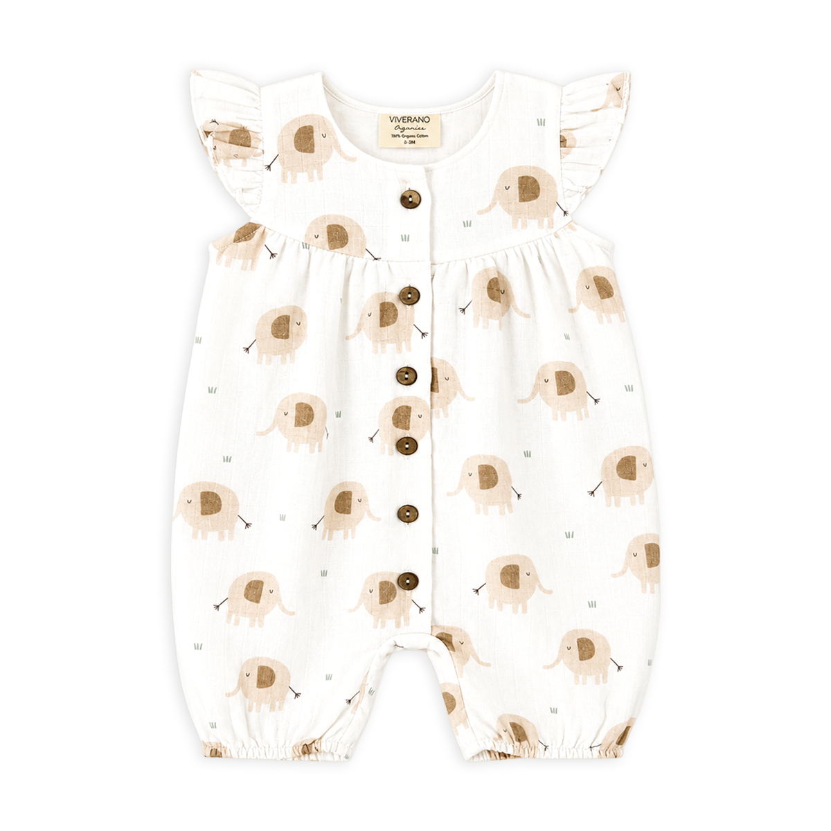 front of elephant ruffle button baby short romper made of organic cotton muslin