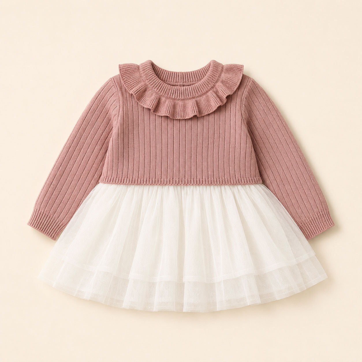 Ruffle Neck Sweater Knit Top & Tutu Baby Dress in Vintage Rose