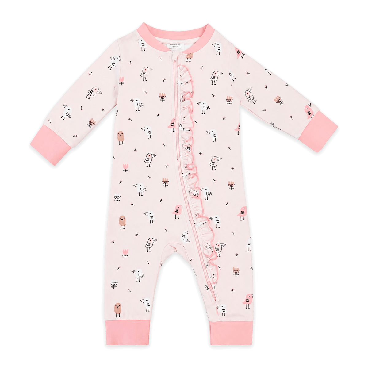 Birds Ruffle Zipper Baby Jumpsuit - Organic Jersey