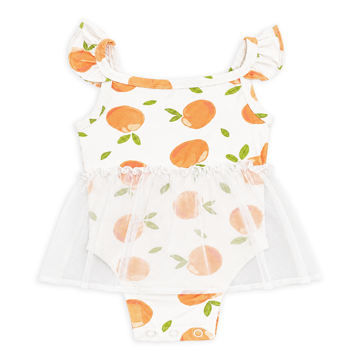 Front of Peaches Ruffle Tutu Baby Girl Romper made from Organic Jersey