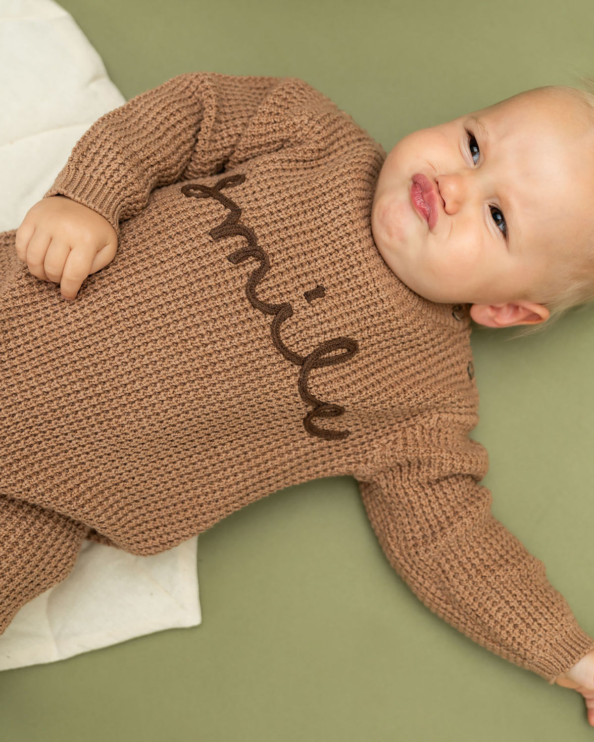 Smile Embroidered Chunky Sweater Knit Baby Jumpsuit (Organic Cotton)
