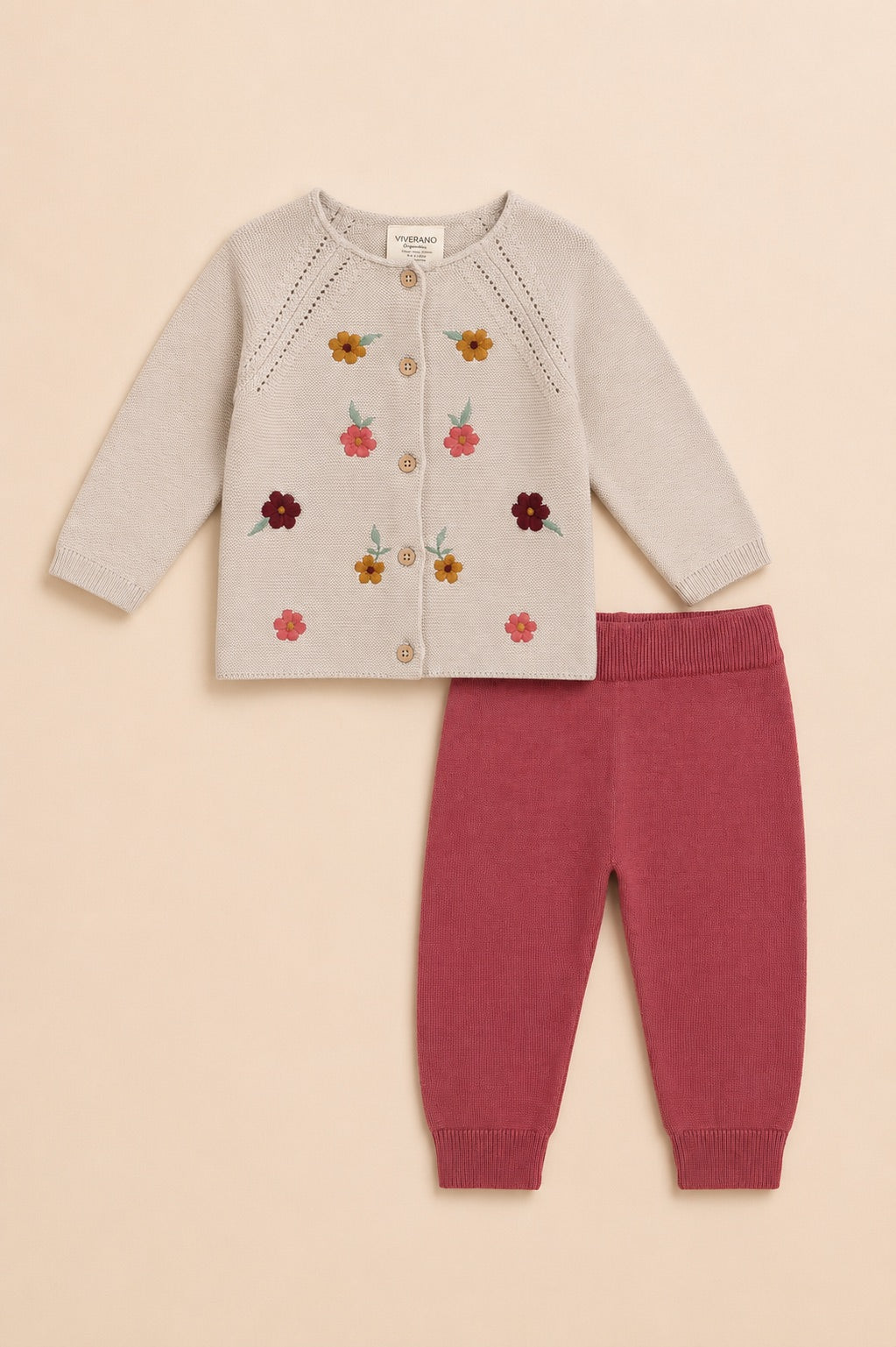Floral Embroidered Sweater Knit Baby Top and Pants, Organic Cotton