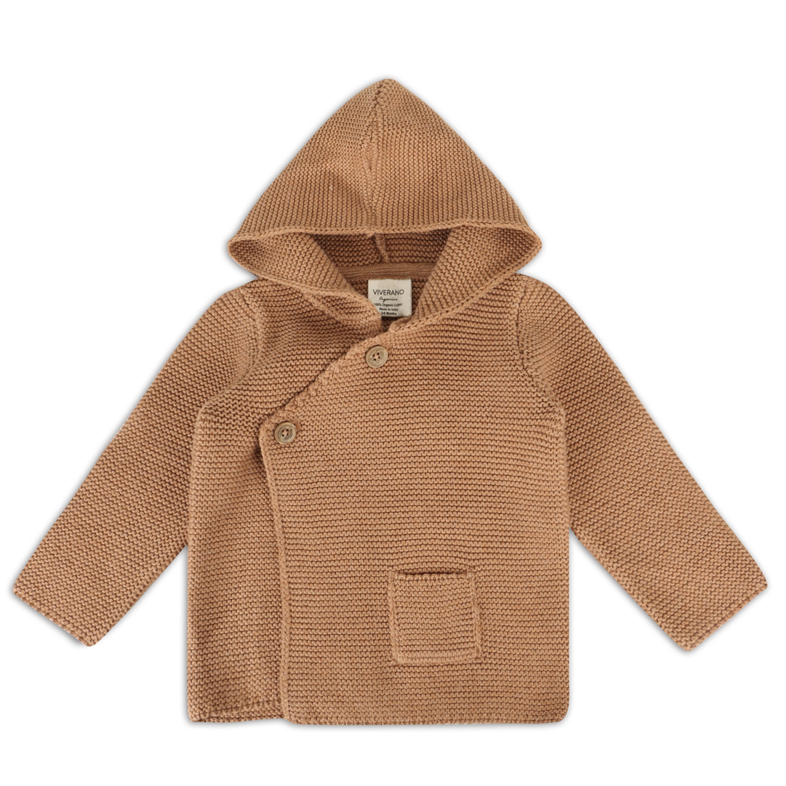 Hooded Button & Pocket Sweater Knit Baby Jacket (Organic Cotton)