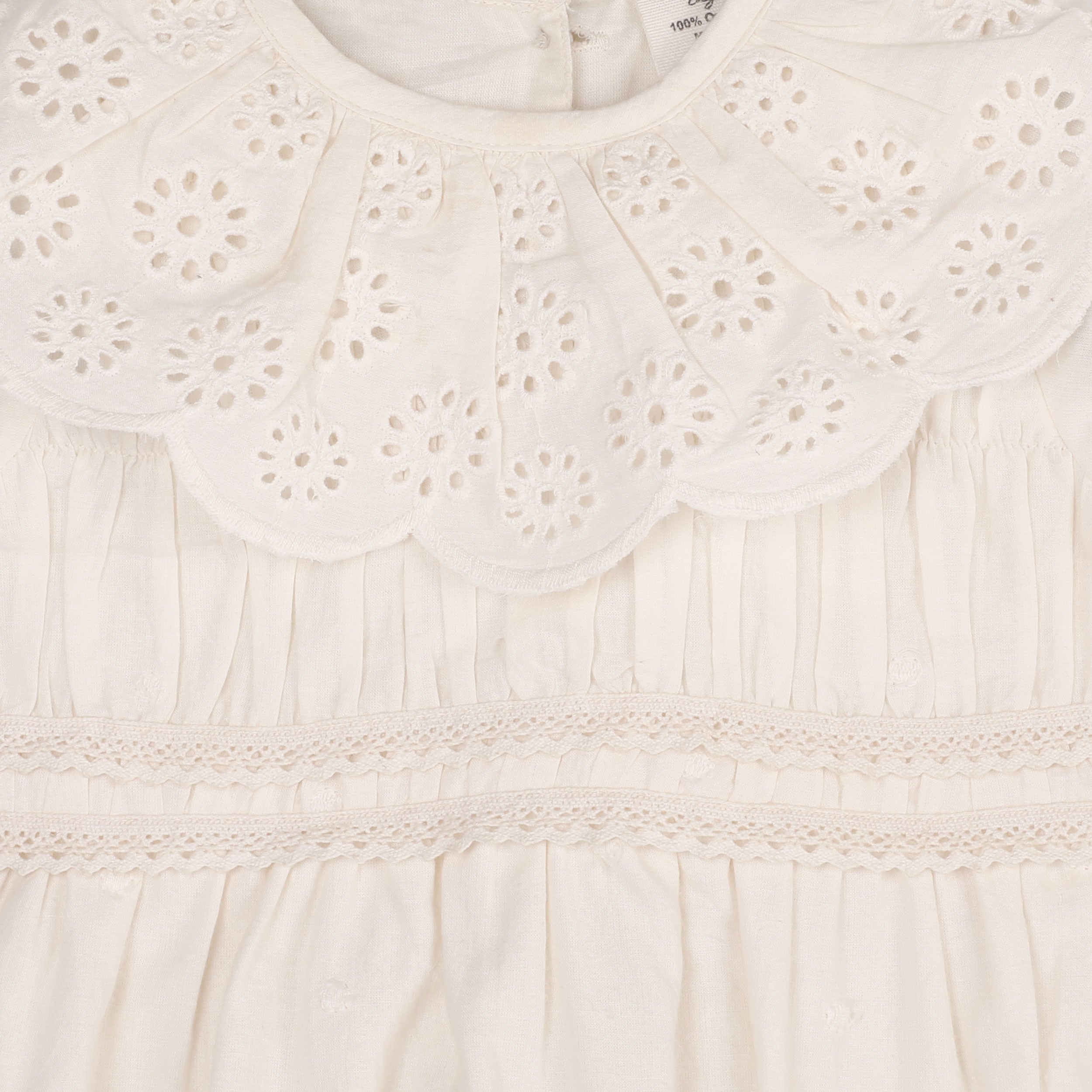 Organic Caitlyn Schiffli Lace Ruffle Collar Baby Girl Romper, Detail
