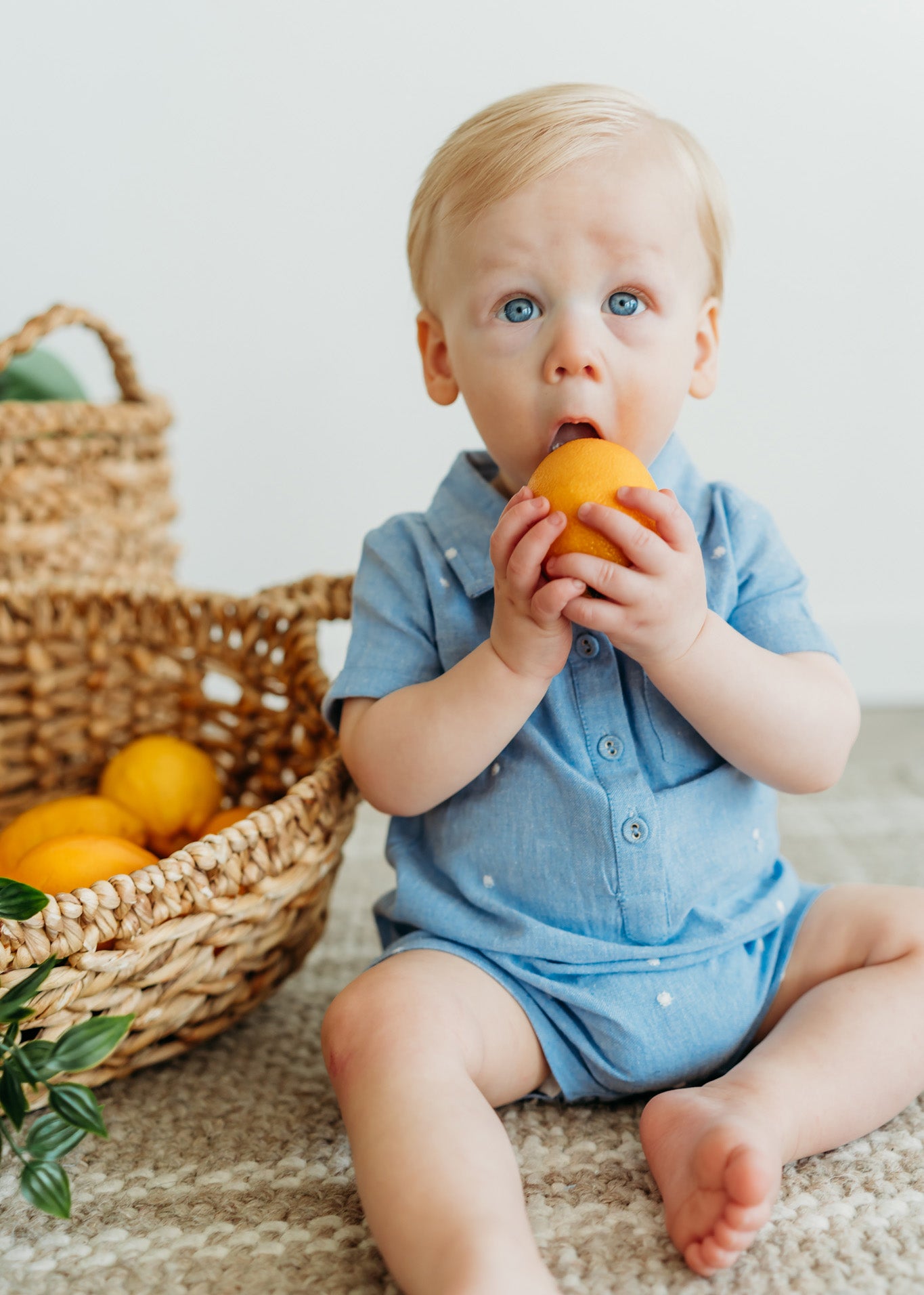 Isla Bowtie Chambray Organic Baby Boy Romper