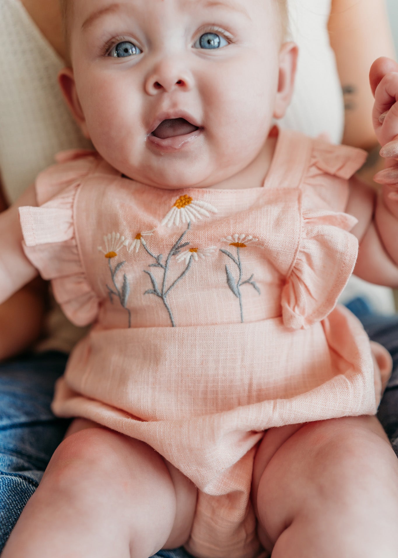 Daisy Linen Blend Embroidered Baby Romper (Natural Linen Blend)