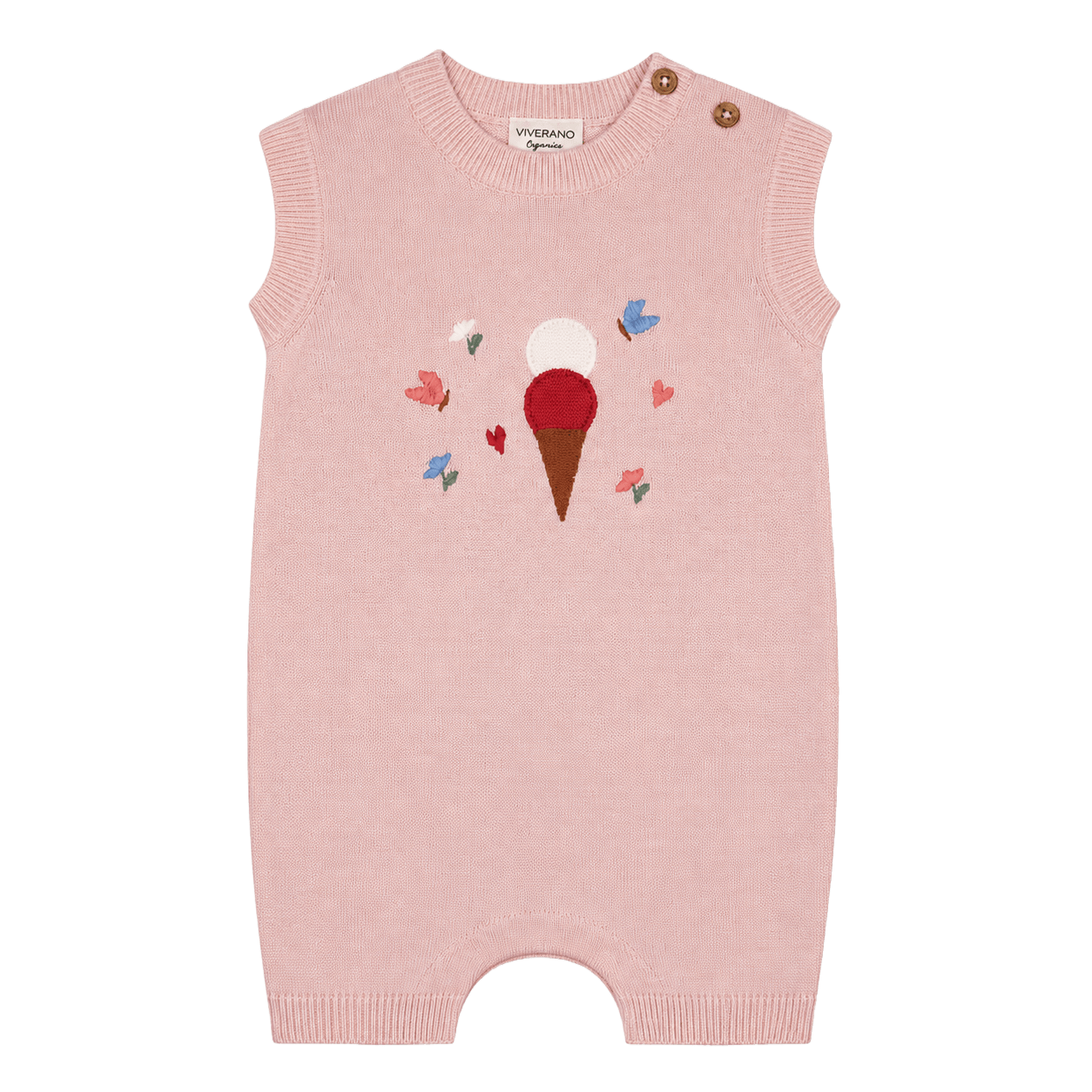 Ice Cream Embroidered Knit Sleeveless Baby Romper made from organic cotton
