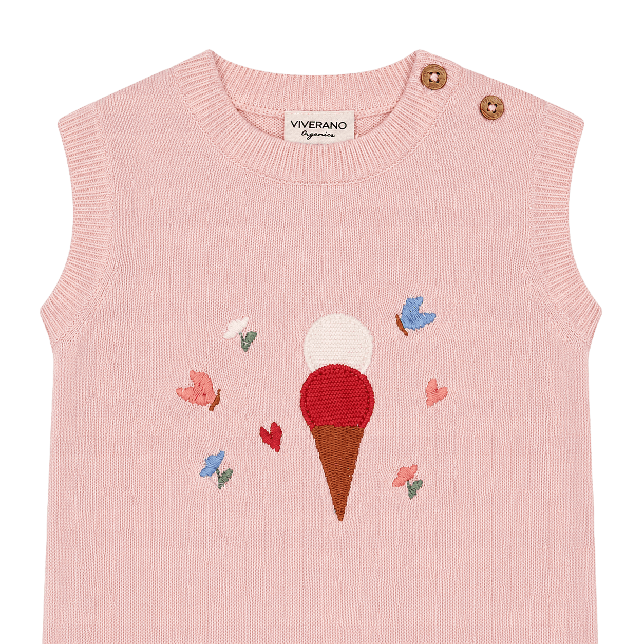 close up of details on Ice Cream Embroidered Knit Sleeveless Baby Romper made from organic cotton