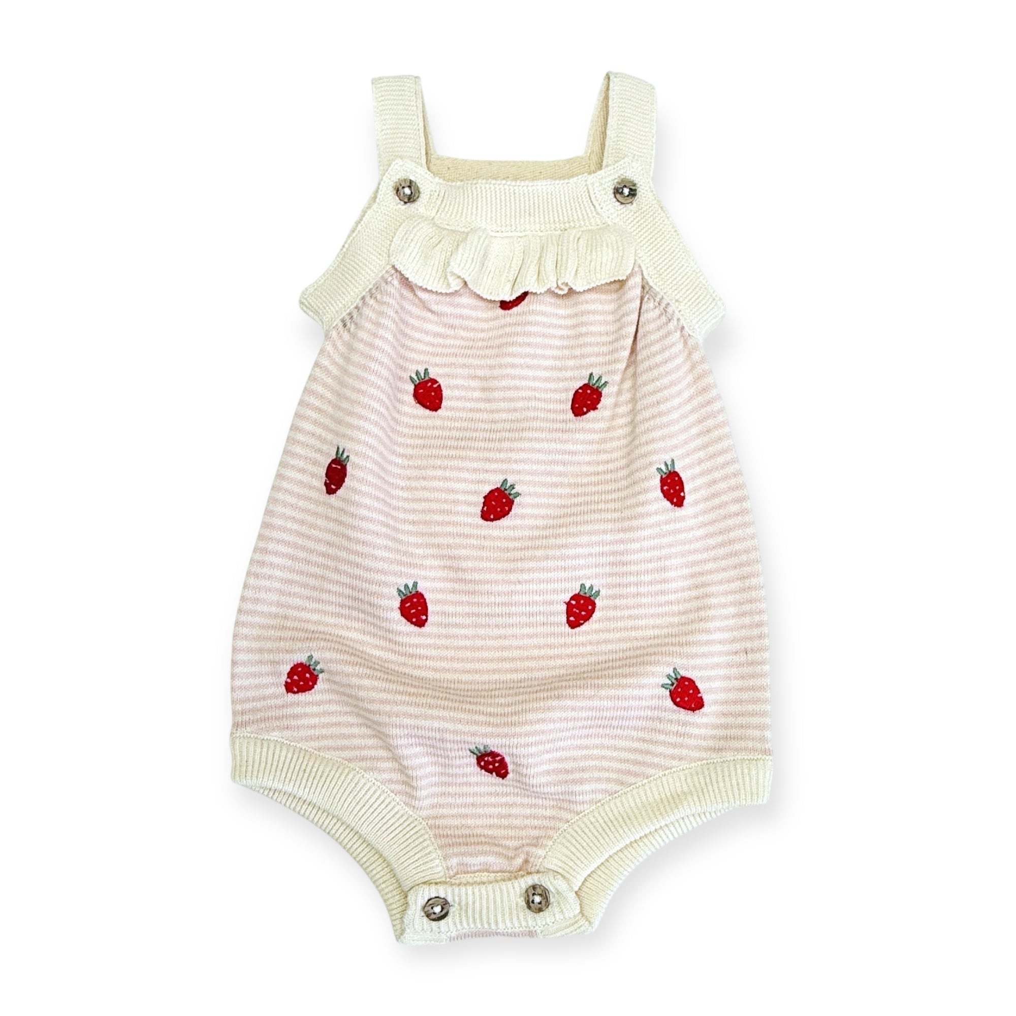 Strawberry Embroidered Knit Baby Ruffle Romper (Organic Cotton)