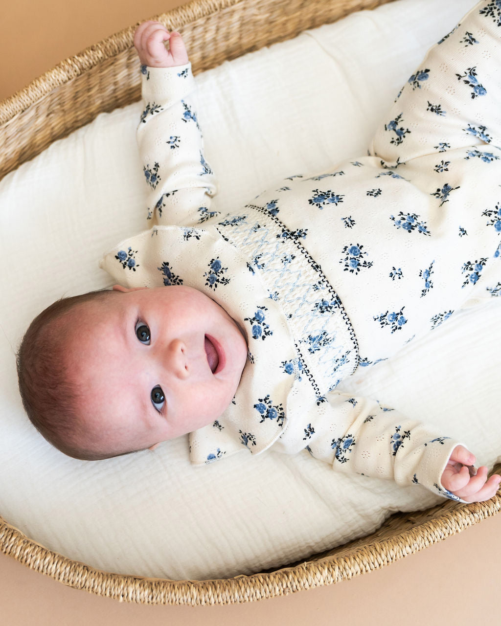 Delicate Floral Smocked Pointelle Knit Baby Footie (Organic Cotton)