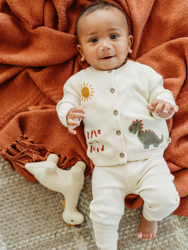 Little & Loved Dino Applique Baby Cardigan (Organic Cotton) lifestyle outfit