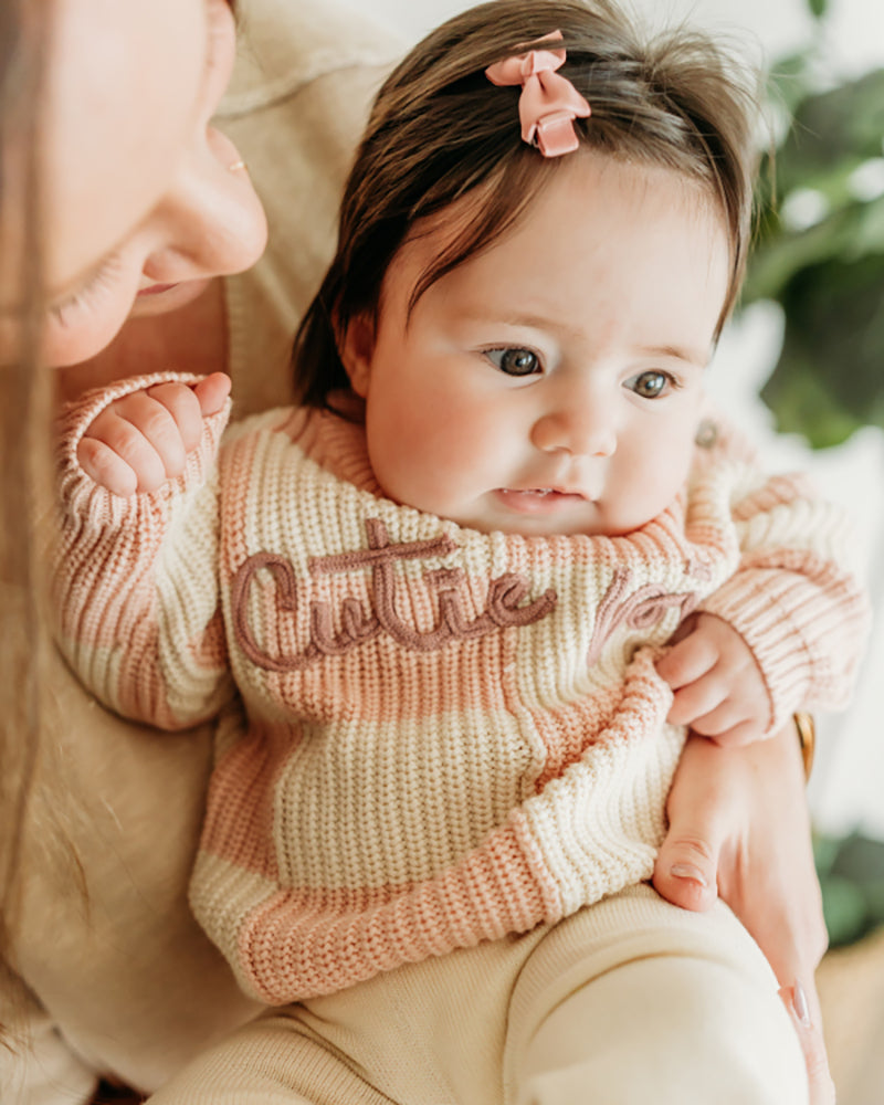 Cutie Pie Embroidered Checkered Slouchy Knit Baby Pullover (Organic Cotton)