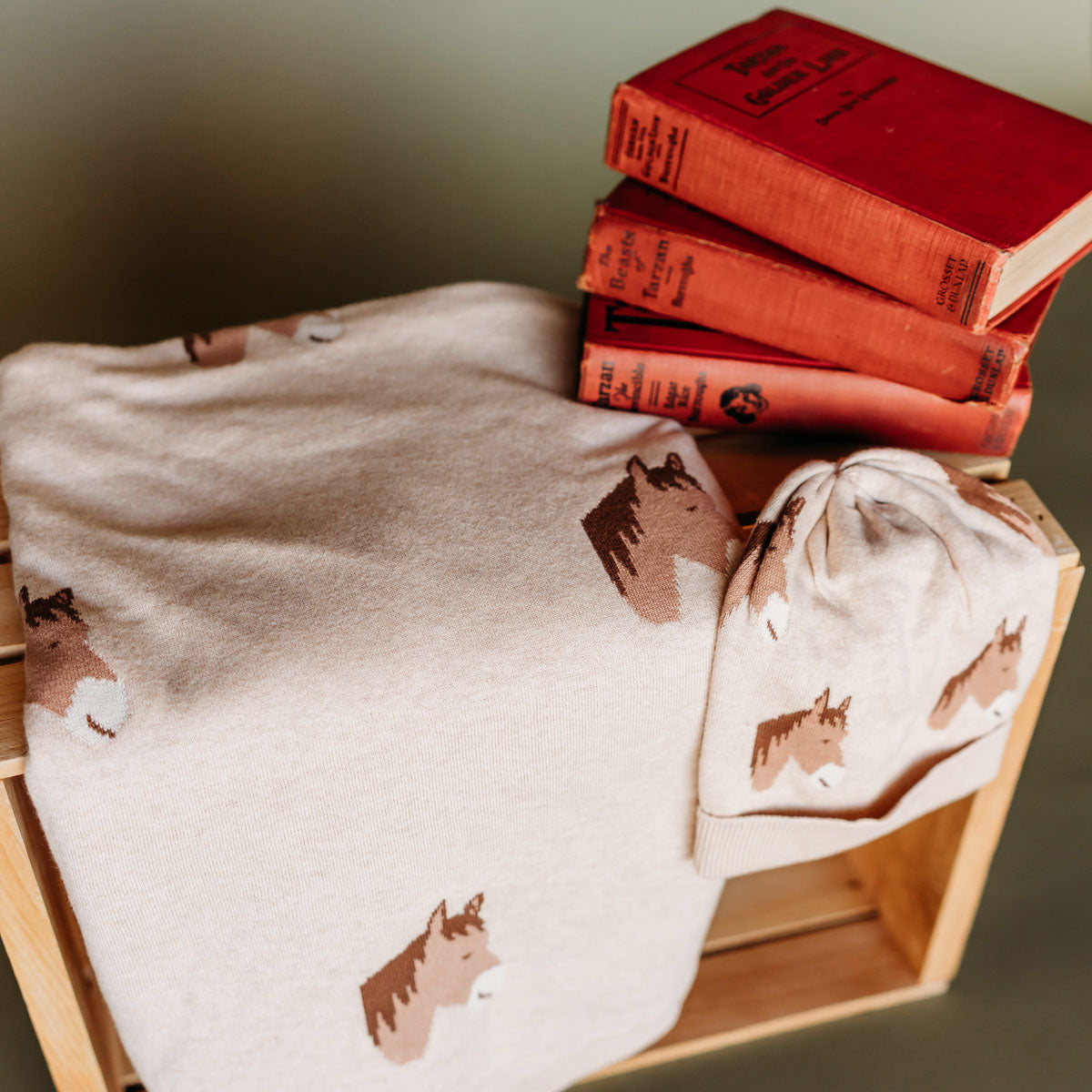 Baby Beanie Hat and Horse Dreams - Jacquard Sweater Knit Baby Blanket (Organic Cotton)