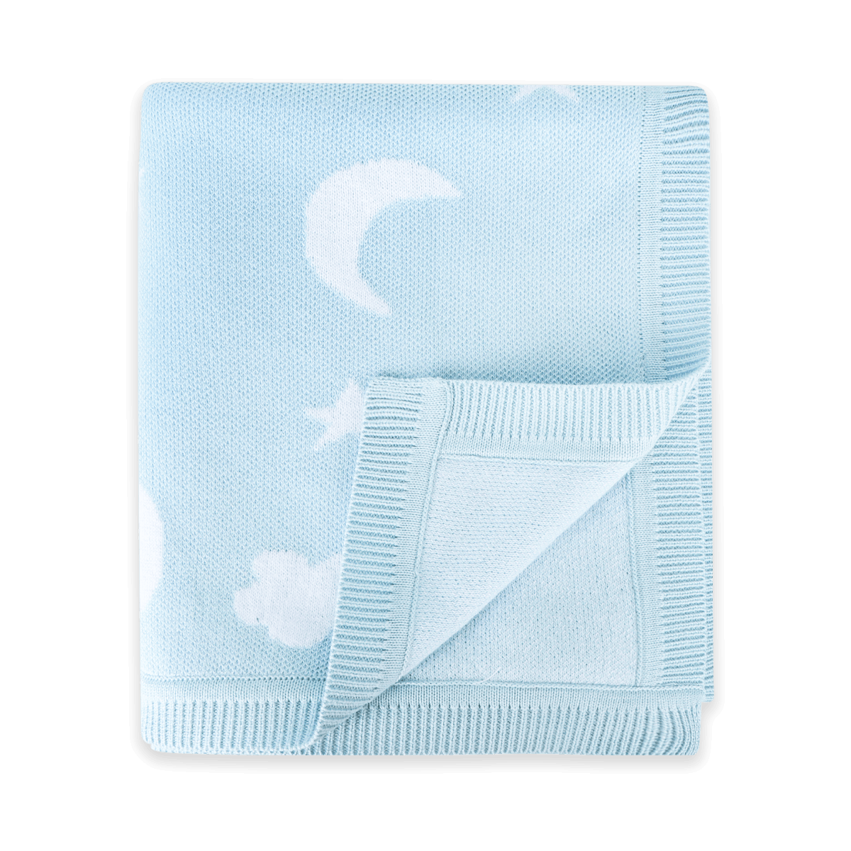 Moon & Stars Dream Organic Baby Jacquard Knit Blanket - Baby Blue (Folded)