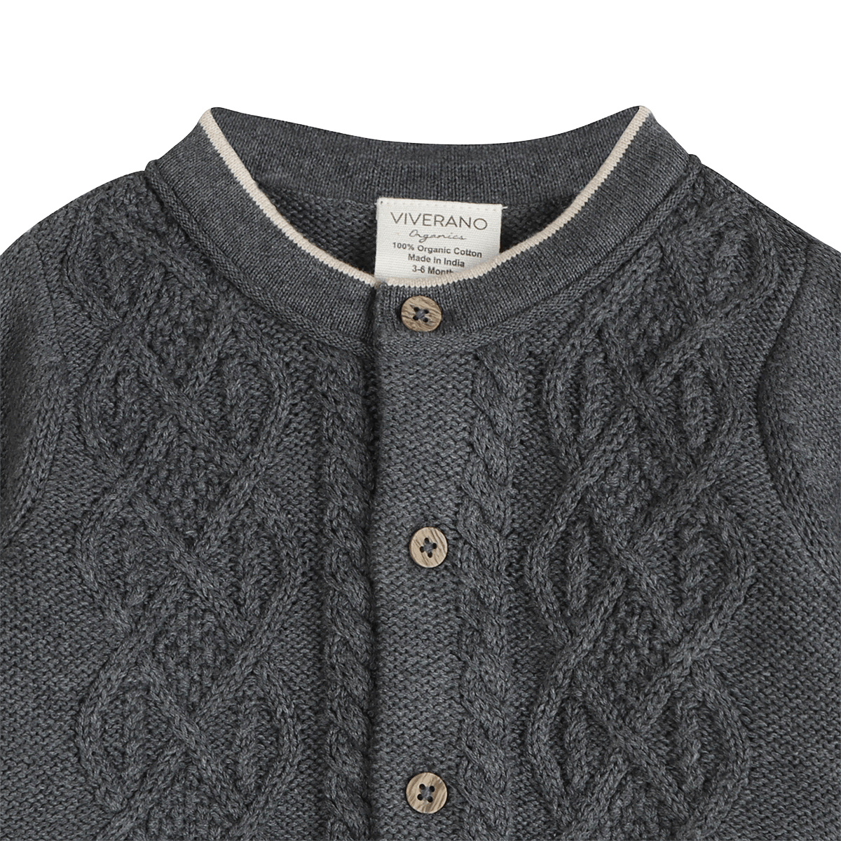 Organic Cotton Charles Classic Cable Knit Baby Cardigan, Detail