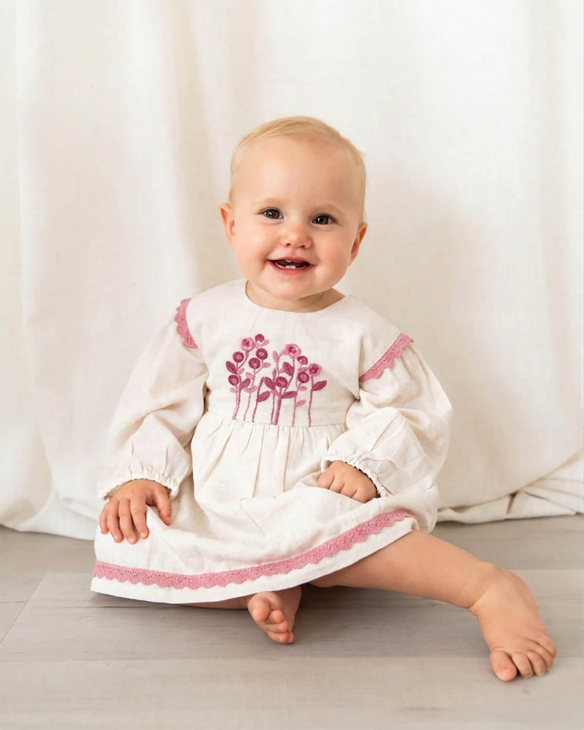 Colette Embroidered Baby Dress & Bloomer Set (Organic Cotton) - Model