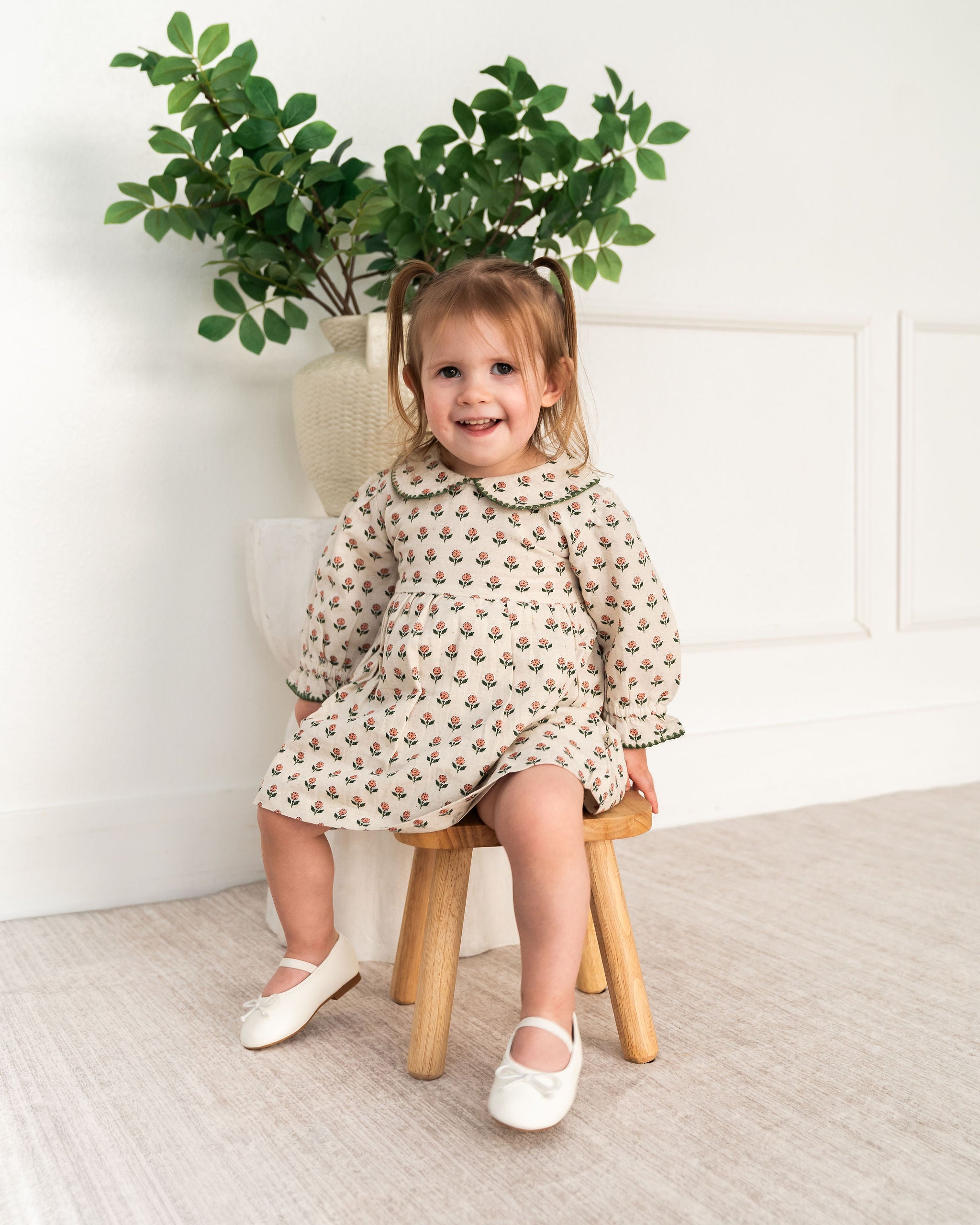Viverano Rosamund Block Print Floral Baby Dress & Bloomer Set (Organic Cotton) - Front