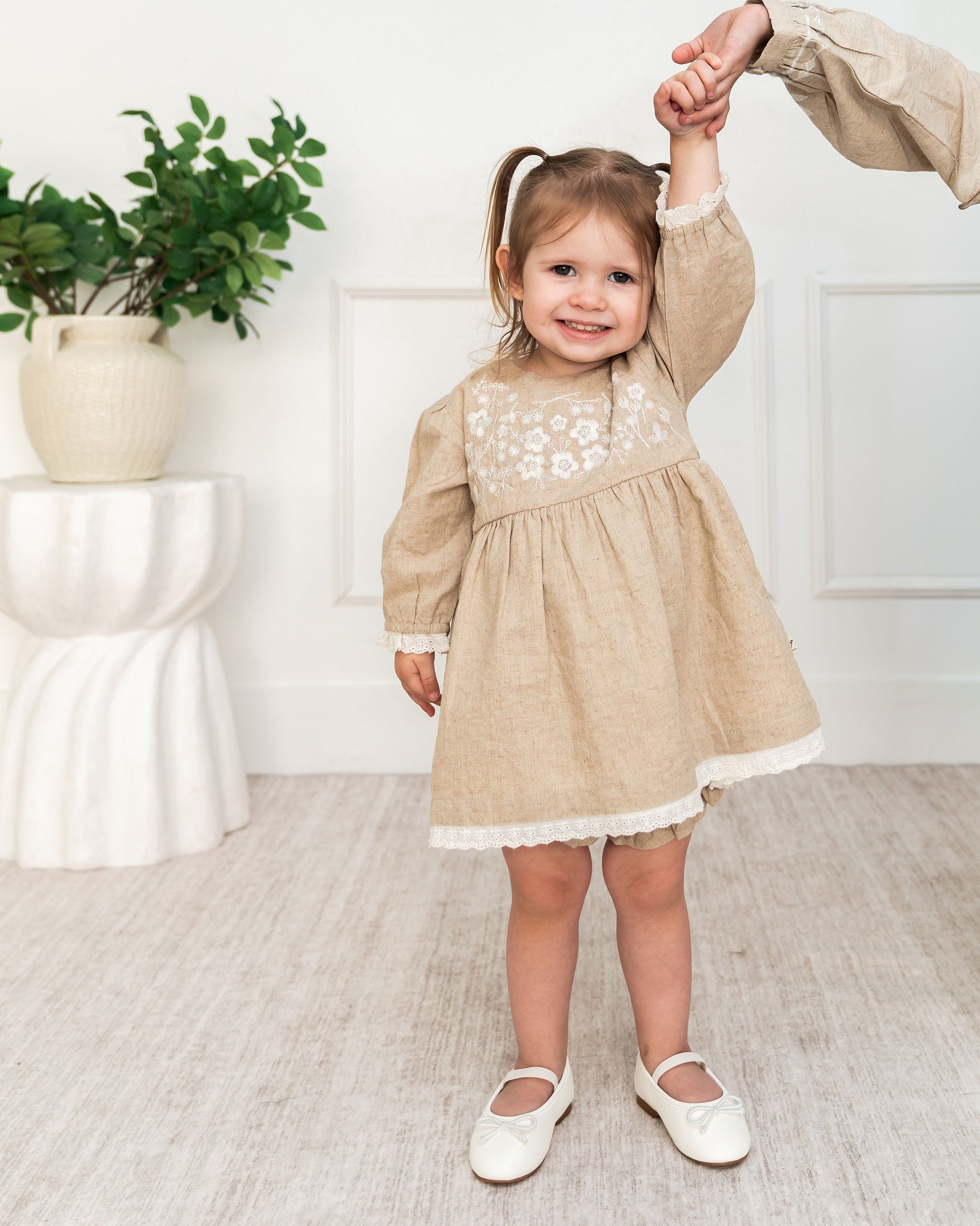 Viverano Lydia Linen Embroidered Baby Dress & Bloomer Set (Organic Cotton) - Front