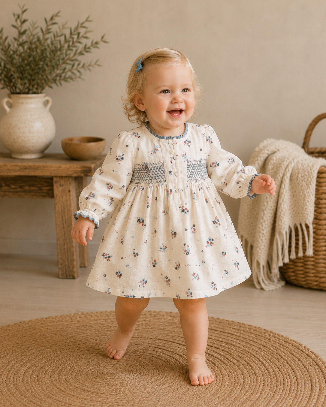 Baby Wearing Juliet Smocked Floral Baby Dress and Bloomer Set, Organic Cotton by Viverano