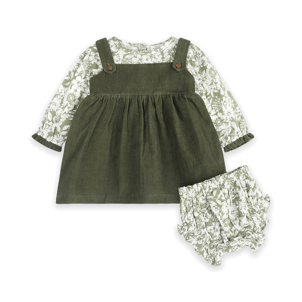 Lucille Floral Corduroy Pinafore Baby Dress & Bloomer Set (Organic Cotton) - Outfit