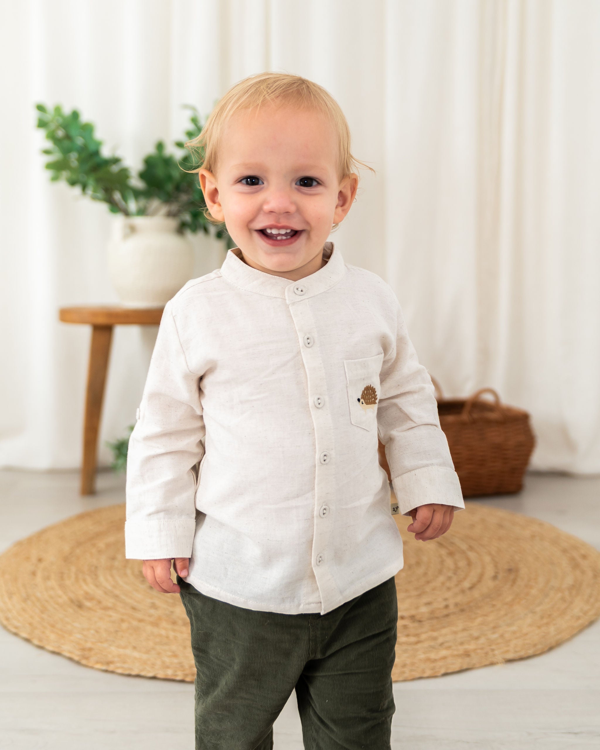 Viverano Felix Hedgehog Embroidered Pocket Baby Shirt & Corduroy Pant Set (Organic Cotton) - Front