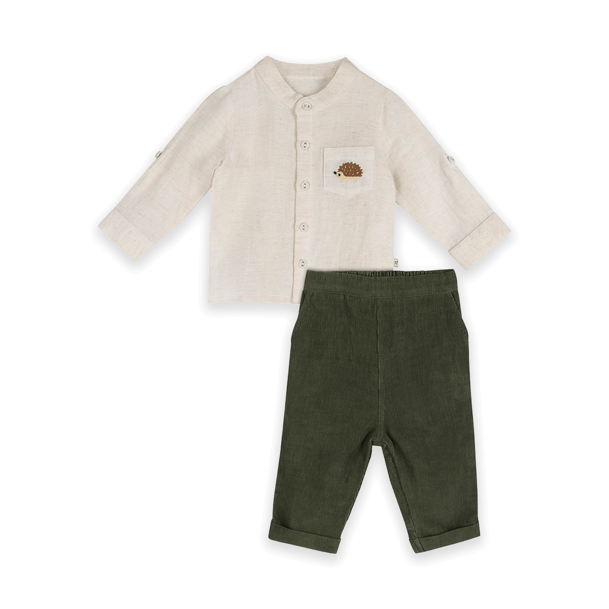 Viverano Felix Hedgehog Embroidered Pocket Baby Shirt & Corduroy Pant Set (Organic Cotton) - Outfit