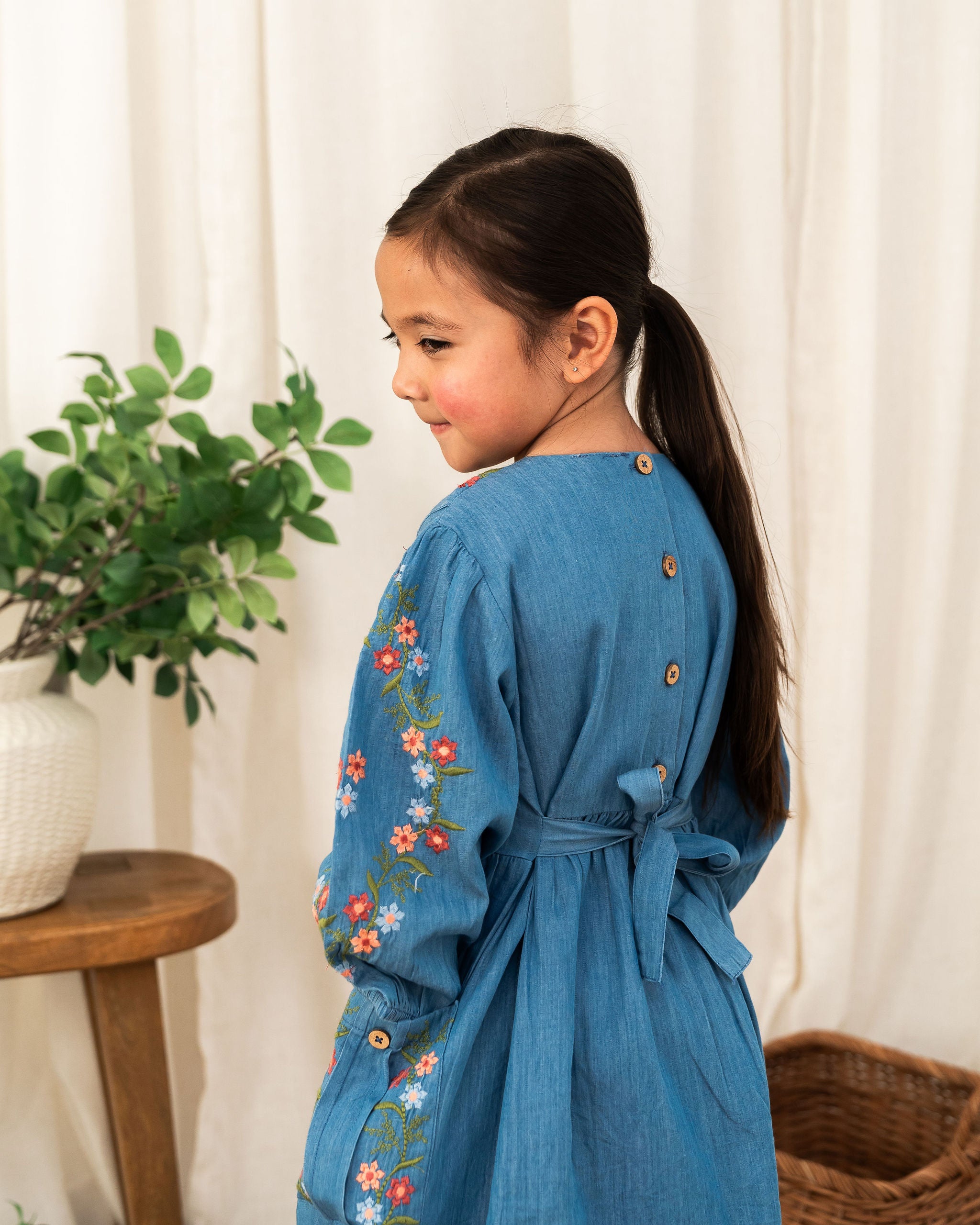 Viverano Sophie Floral Embroidered Denim Girl Dress (Organic Cotton) - Detail