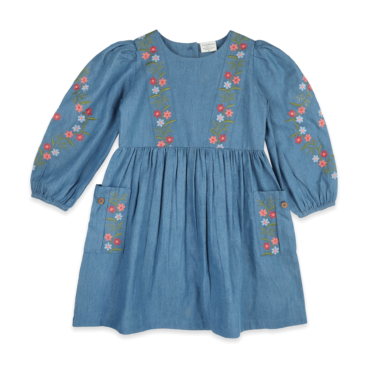Sophie Floral Embroidered Denim Girl Dress (Organic Cotton) - Front