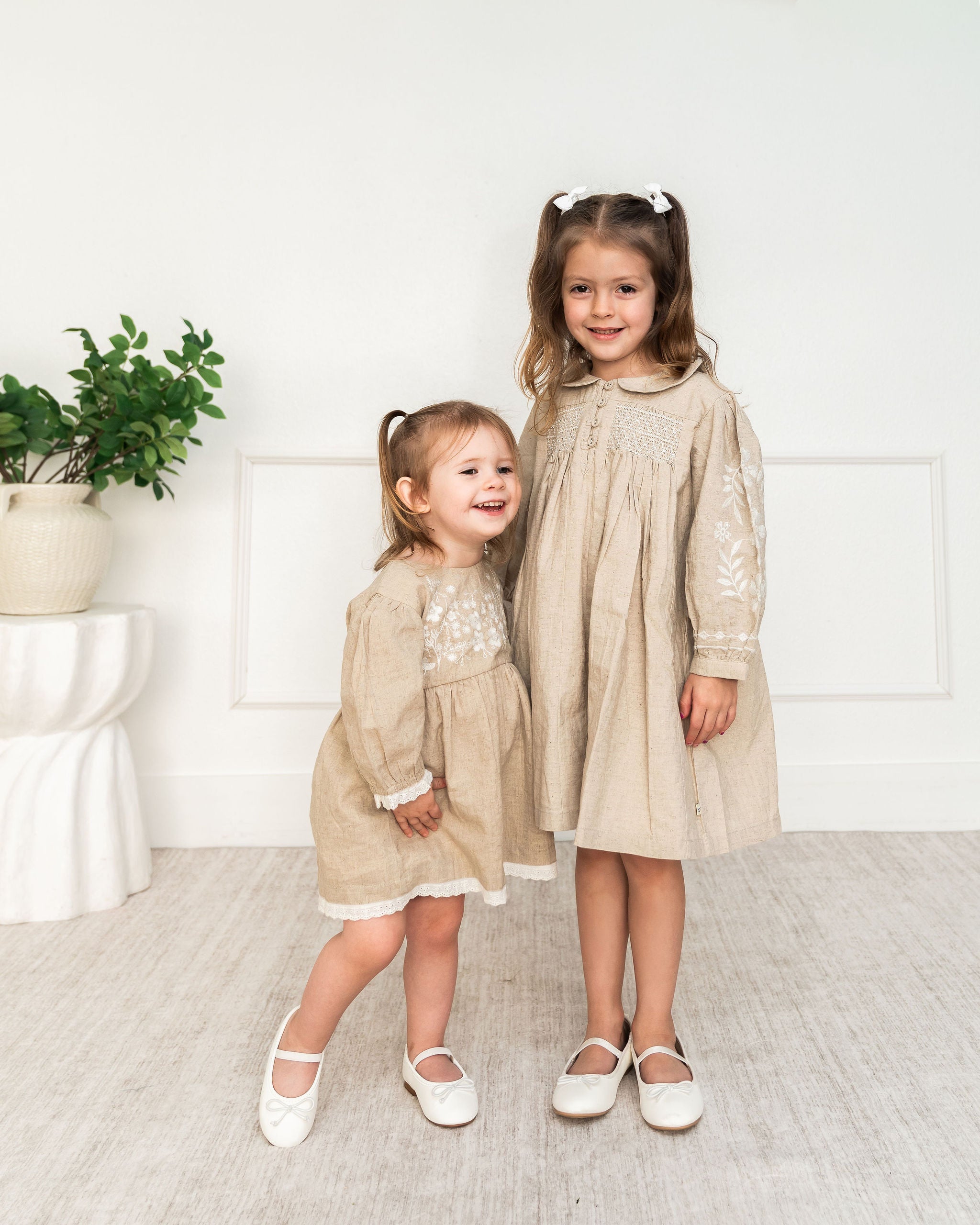 Isabel Floral Embroidered Girl Dress (Organic Linen Blend) - Big Sister and Me