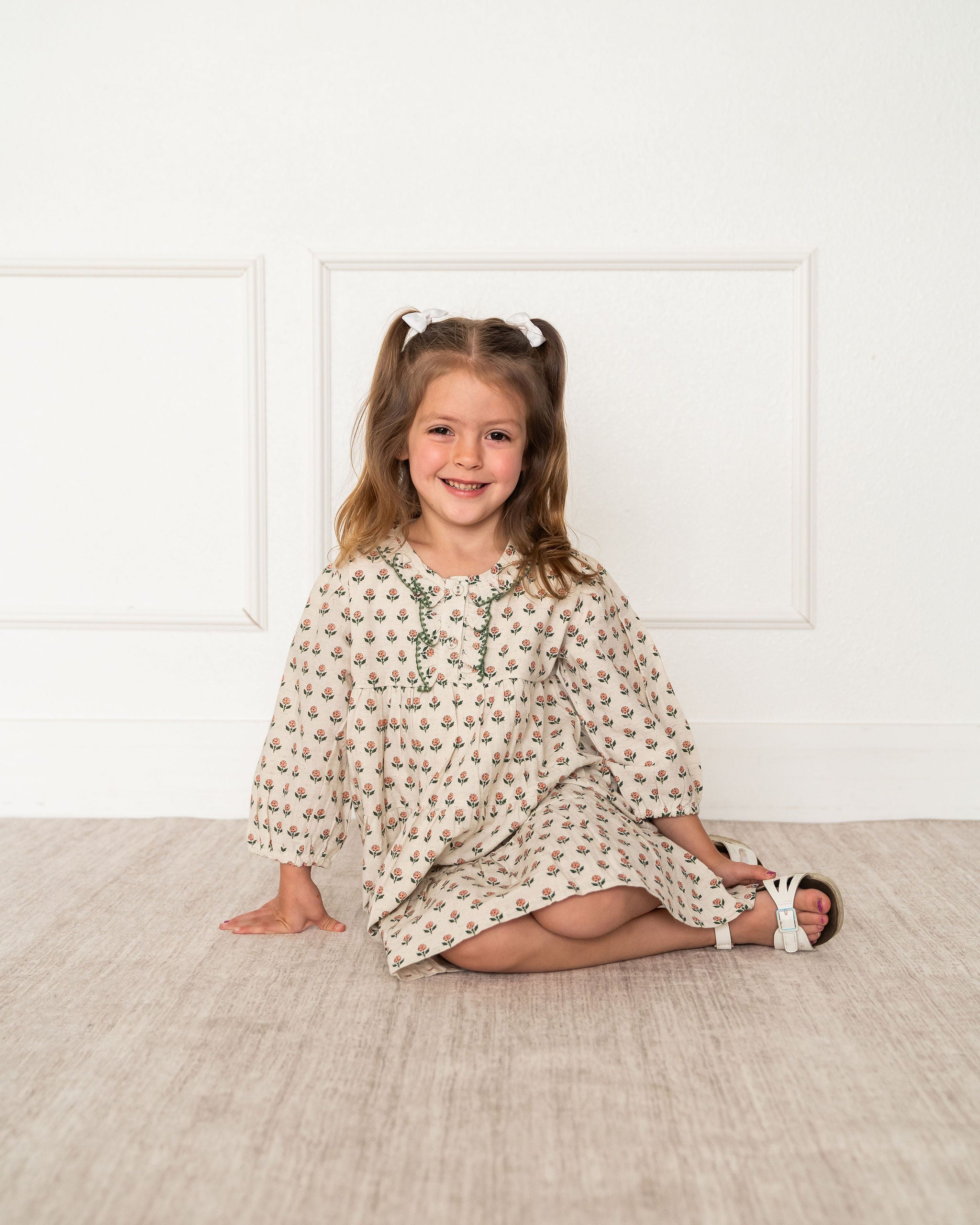 Viverano Bella Block Printed Floral Girl Dress (Organic Cotton) - Sitting View