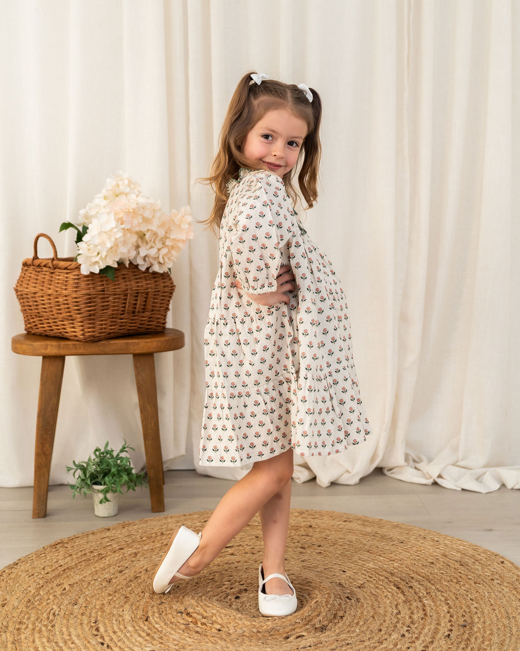 Viverano Bella Block Printed Floral Girl Dress (Organic Cotton) - Side View