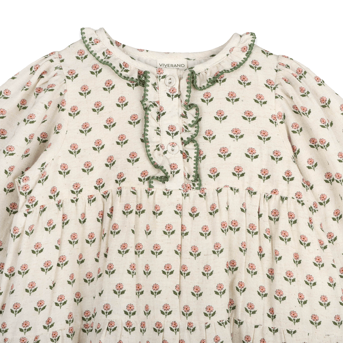 Viverano Bella Block Printed Floral Girl Dress (Organic Cotton) - Detail View