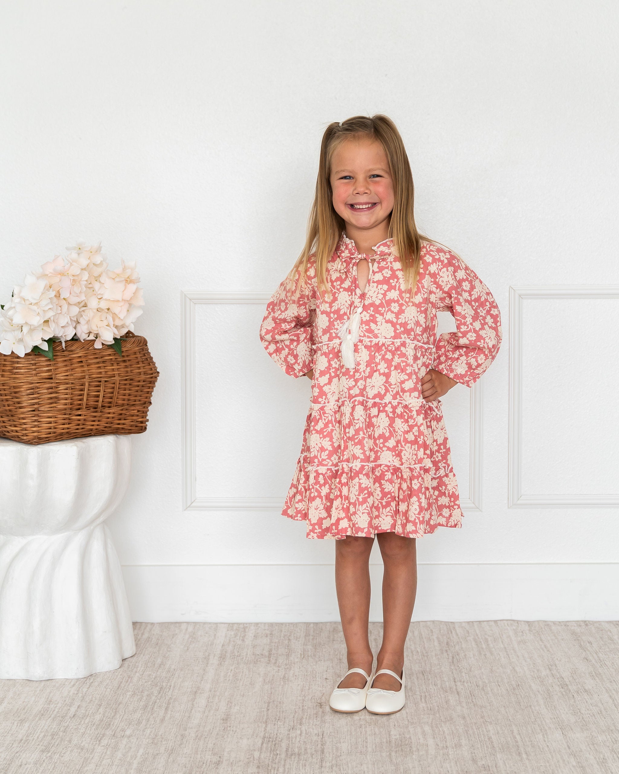 Viverano Jasmine Layered Girl Dress - Pink Floral (Organic Cotton) - Front View